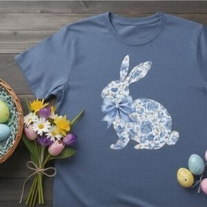 Floral Bunny Graphic Tee Blue Spring Easter Shirt Cute Bow Rabbit Top